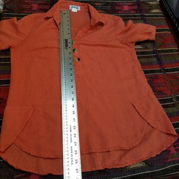 Collection L Womens Sz 6 Orange Cotton Linen Collared Henley Top Blouse High-Low - Picture 7 of 7